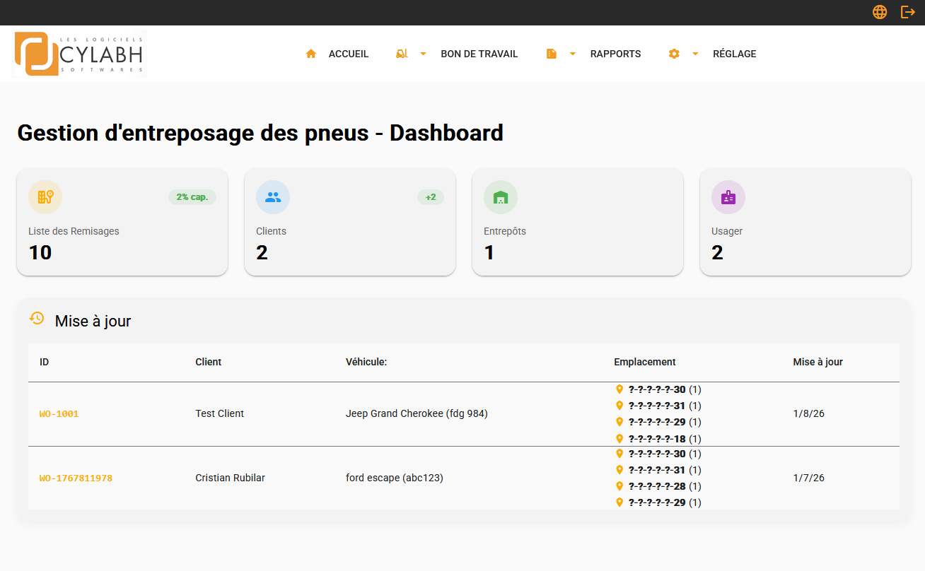 Tire storage software dashboard